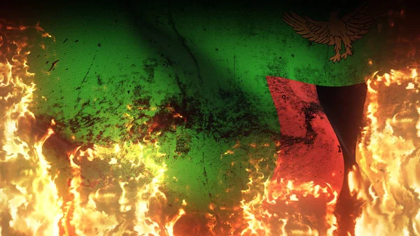 Zambia Bandiera Guerra Grunge Sventola Sul Fuoco Bandiera Conflitto Sporco — Foto Stock