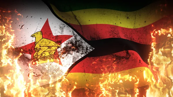 Simbabwe Grunge Kriegsfahne Weht Auf Feuer Zimbabwische Schmutzige Konfliktfahne Auf — Stockfoto