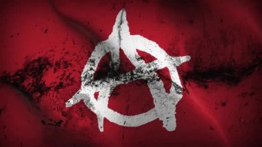 Anarşi sembolü beyaz grunge bayrak sallama döngüsü. Anarşi sembolü beyaz kırmızı bayrak rüzgarda dalgalanıyor.