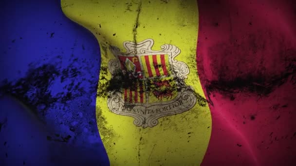 Andorra Grunge Bayrak Sallama Döngüsü Andorra Kirli Bayrağı Rüzgarda Dalgalanıyor — Stok video