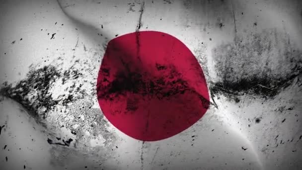 日本のグランジフラグループ手を振る 風に吹かれる日本の汚れた旗 — ストック動画