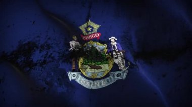 Maine Us State grunge bayrak sallama döngüsü. Amerika Birleşik Devletleri Rüzgarda dalgalanan Maine kirli bayrağı.