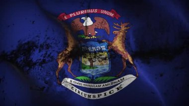 Michigan US State grunge flag waving loop. United States of America Michigan dirty flag blowing on wind.