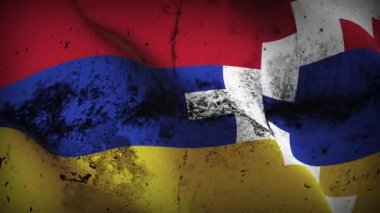 Nagorno-Karabakh grunge bayrak sallama döngüsü. Nagorno-Karabağ kirli bayrağı rüzgarda dalgalanıyor.