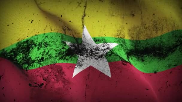 Birmania Grunge Bandera Ondeando Bucle Myanmar Bandera Sucia Soplando Viento — Vídeo de stock