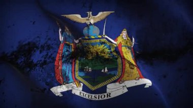 New York State grunge bayrak sallama döngüsü. Amerika Birleşik Devletleri New York kirli bayrağı rüzgarda dalgalanıyor.