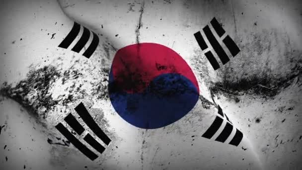 韓国のグランジフラグループ手を振る 風に吹かれて韓国汚れた旗 — ストック動画