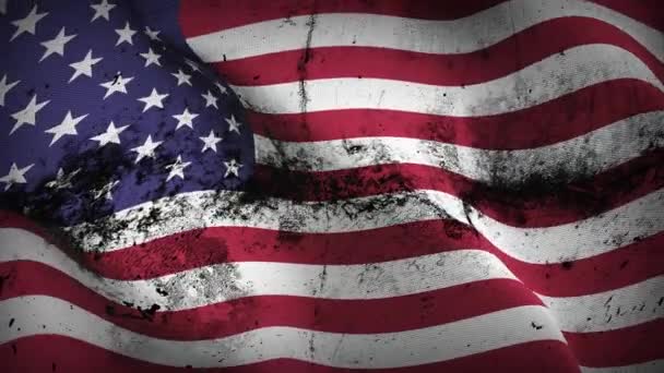 美国发牢骚的国旗挥动着回圈 美国肮脏的国旗随风飘扬 — 图库视频影像