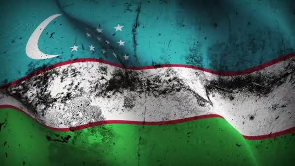 Bandera Grunge Uzbekistán Ondeando Lazo Bandera Sucia Uzbekistán Soplando Viento — Vídeo de stock