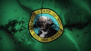 Washington State grunge bayrak sallama döngüsü. Amerika Birleşik Devletleri Washington kirli bayrağı rüzgarda dalgalanıyor.