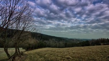 Polonya / Sanok yakınındaki çayır / Tarih - 02102015. Çayır, Doğu Avrupa'da, bulutlar gökyüzünde hareket. Tam Hd Hdr zaman atlamalı görüntüleri. Avrupa peyzaj güzelliği.