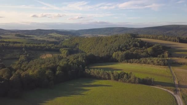 Vue aérienne des bois, des collines verdoyantes et des prairies .