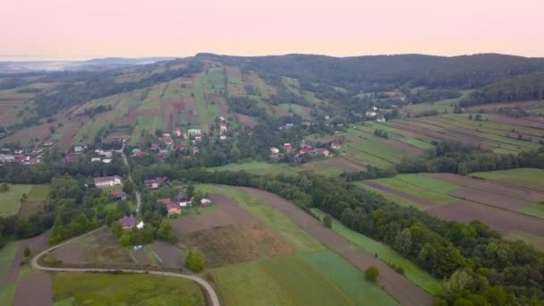 Aerial shot of woods, green hills and meadows. — Stock Video