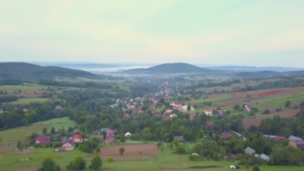 Aerial shot of woods, green hills and meadows. — Stock Video