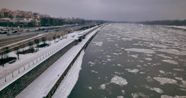 Warszawa Polska Data Rzeka Pokryte Lodem Wisły Zimie — Wideo stockowe