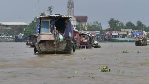 Дельта Меконга Вьетнаме Вид Лодки Плавучий Рынок Цай Юге Вьетнама — стоковое видео