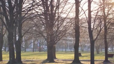 Boş parkta güneş doğuyor. Karantina sırasında boş şehir.