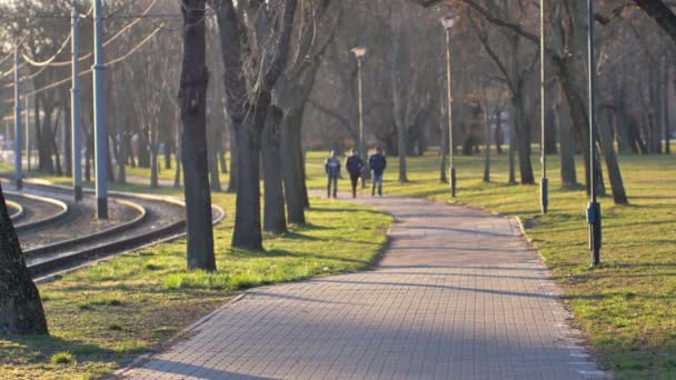 Sol Mañana Brilla Parque Vacío Ciudad Vacía Durante Cuarentena — Vídeo de stock