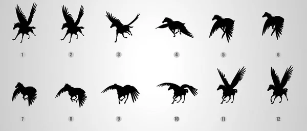 Pegasus Flying Animation Silhouette Sprite Sheet Run Cycle Flying Cycle — Vettoriale Stock