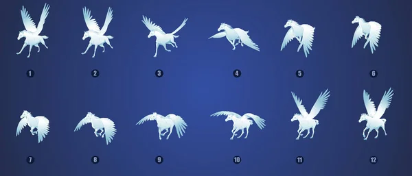 Pegasus Horse Flying Cycle Animation Sprite Sheets Run Cycle Loop — Stock Vector