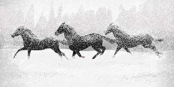 Lopende Paarden Paarden Die Sneeuwveld — Stockvector