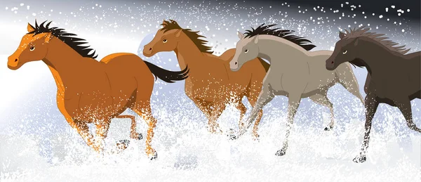 Running Horses Horses Running Snow Field — Stock Vector