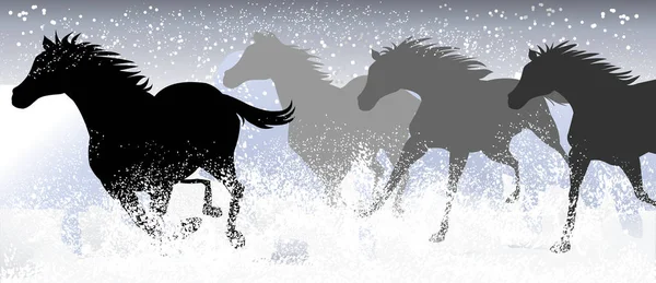 Lopende Paarden Paarden Die Sneeuwveld — Stockvector