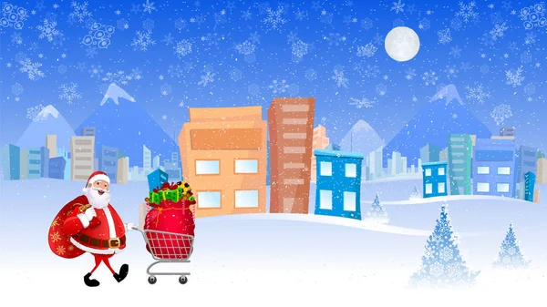 Santa Claus Caminando Con Carrito Compras Regalos Navidad — Vector de stock