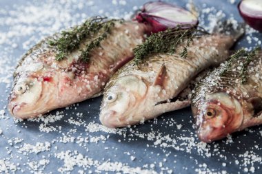 Deniz tuzu ve soğan, mavi bir arka plan ile çiğ balık