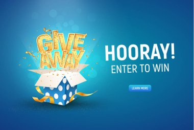 Open textured blue box with golden Giveaway word and confetti explosion inside on blue background horizontal illustration. Gift away text and giftbox quiz or lottery template vector stock vector