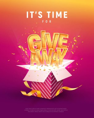 Giveaway word above open box with confetti explosion inside on colorful background illustration poster template. Give away text and giftbox isolated vector object vector stock vector