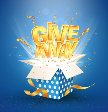 Open textured blue box with confetti explosion inside and giveaway gold word. Winning celebration. Isolated vector gift box on blue background vector stock vector