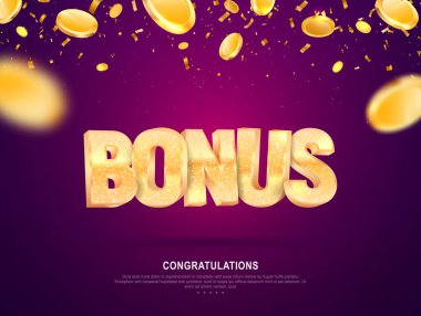 Golden shine bonus word vector banner for gambling. Illustration for casino or online games. Falling down coins on dark background with blur motion effect vector stock vector