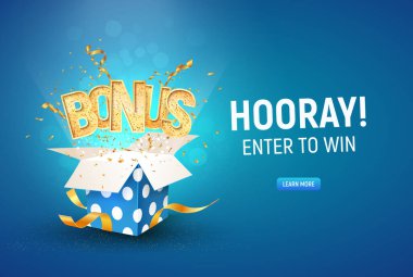 Golden bonus word flying from textured gift box and blue background. Winning prize vector illustration vector stock vector