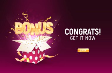 Golden Bonus word flying from textured gift box on purple background. Winning prize vector illustration vector stock vector