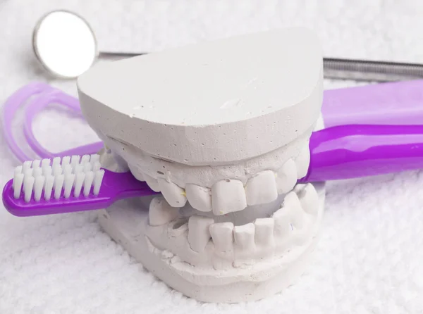 Escova de dentes com gesso dental e ferramentas — Fotografia de Stock