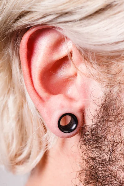 Pierced man ear, black plug tunnel