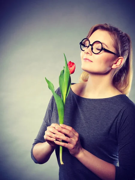 Charming woman smelling flower feel peace. — Stock Photo, Image