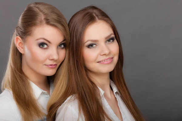 Twee mooie vrouwen, blonde en brunette plezier — Stockfoto