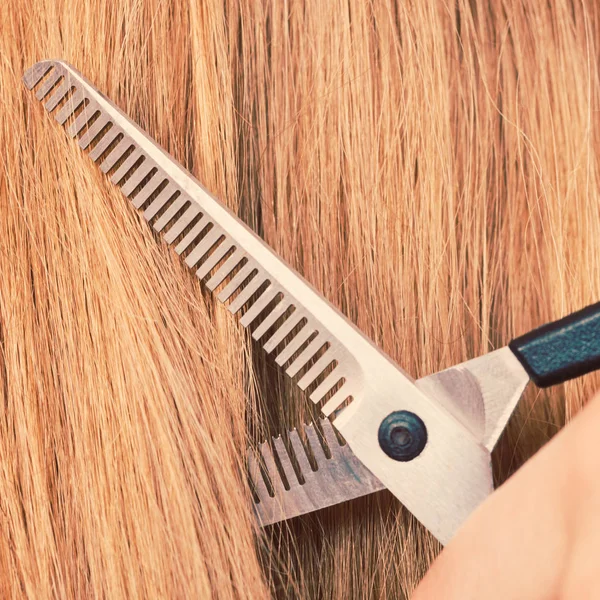 Detalle de cerca. Tijeras especiales para cortar el cabello . — Foto de Stock