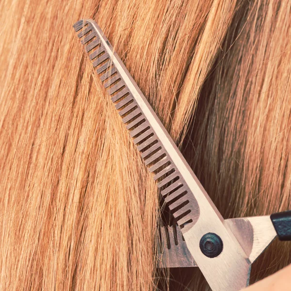 Details aus nächster Nähe. Spezialschere schneidet Haare. — Stockfoto