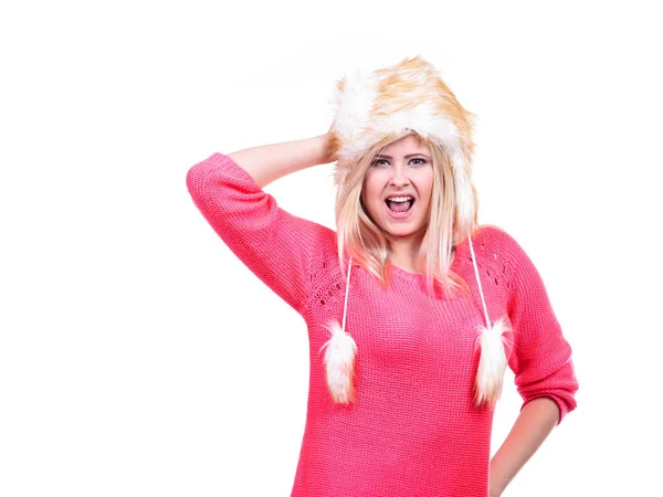Attractive woman wearing furry winter hat — Stock Photo, Image