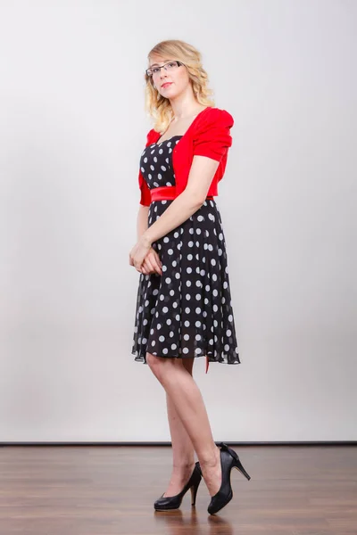 Woman wearing fashion polka dots dress — Stock Photo, Image