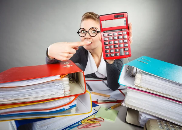 Businesswoman with big red calculator. — Stock Photo, Image