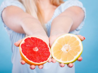 Halfs sarı kırmızı greyfurt narenciye meyve insan elinde