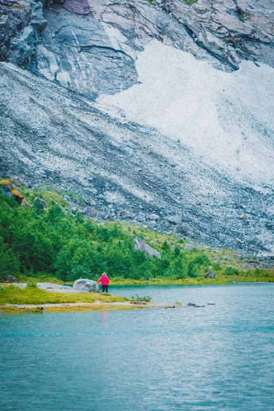 Mujer turística disfrutando del paisaje montañoso en Noruega . — Foto de Stock