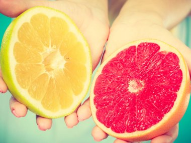 Halfs sarı kırmızı greyfurt narenciye meyve insan elinde