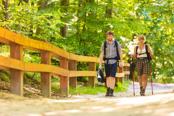 Par backpacker vandring i skogen väg — Stockfoto