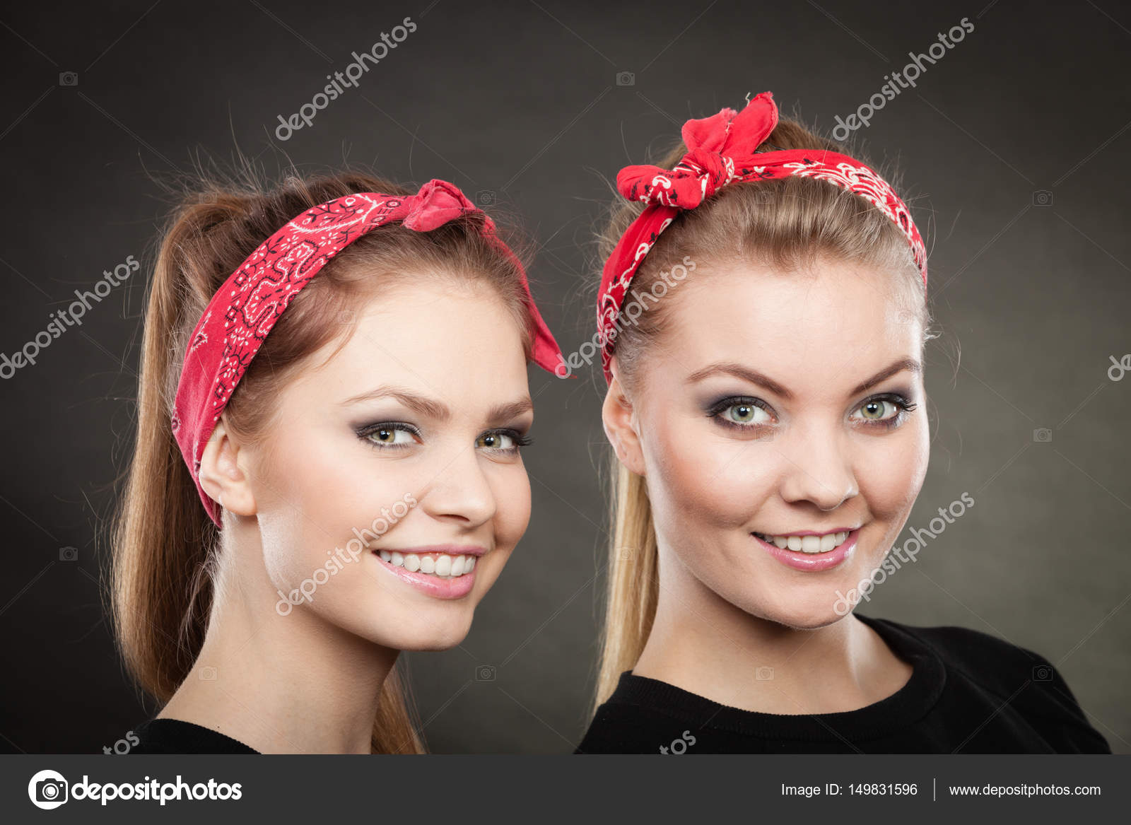 Portrait Of Retro Pin Up Girls In Red Handkerchief Stock Photo