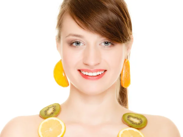 Diet. Girl with necklace of fresh citrus fruits isolated — Stock Photo, Image